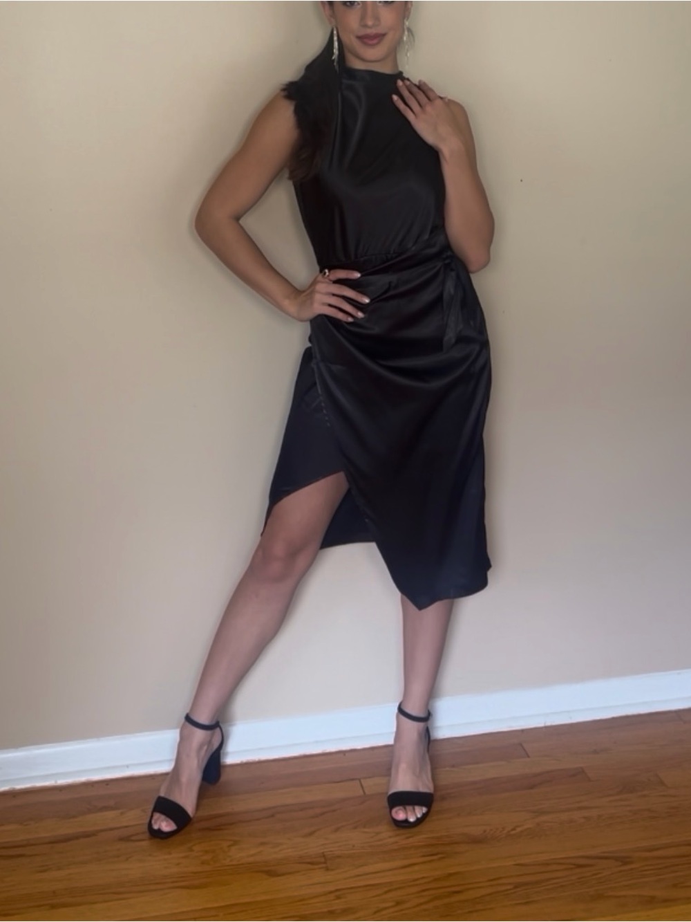 Grace Karin Black Satin Midi Wrap Dress